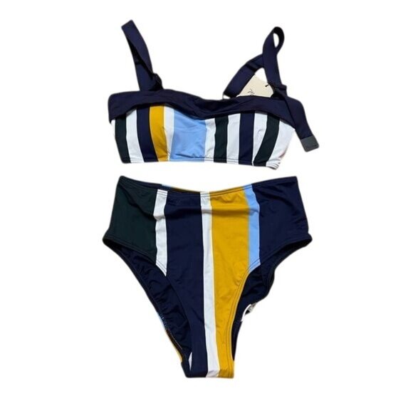 Mei L'ange Lynn Colorblock Bikini Swim Top & High Waist Striped Bottom - Picture 1 of 9